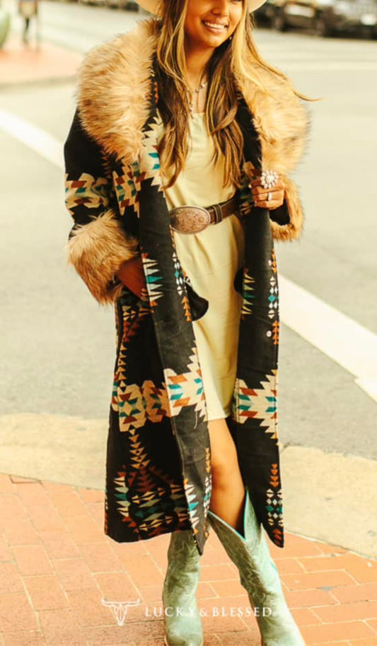 Aztec & Fur Long Coat- Teal